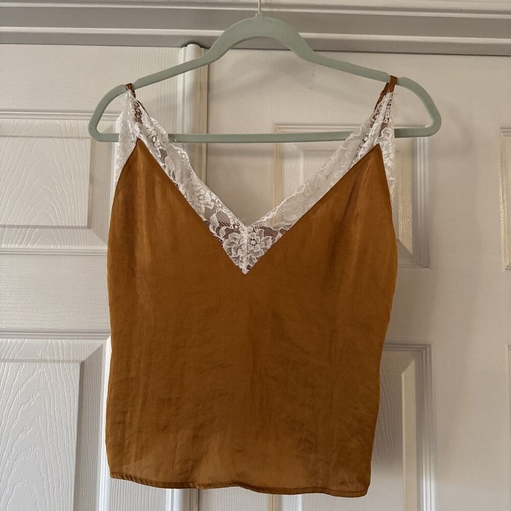 Urban Outfitters Satin Lace Trim Cami Tank Top Small Gold Orange Y2K Coquette